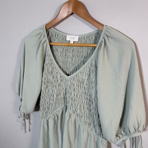 ODDI Sage Green Smocked Babydoll Top Puff Sleeve Sz L Boho Cottagecore Bow